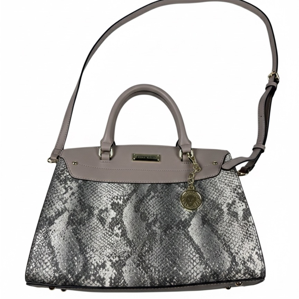 Anne Klein Snakeskin Print Satchel Bag – Mauve/Grey Faux Leather with Lion Charm